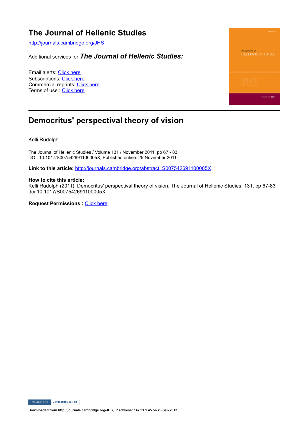 The Journal of Hellenic Studies Democritus' Perspectival Theory of Vision