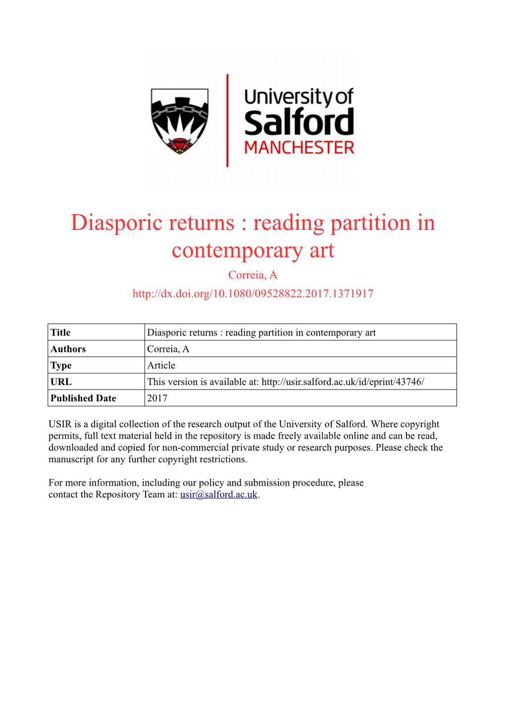 Diasporic Returns : Reading Partition in Contemporary Art Correia, A