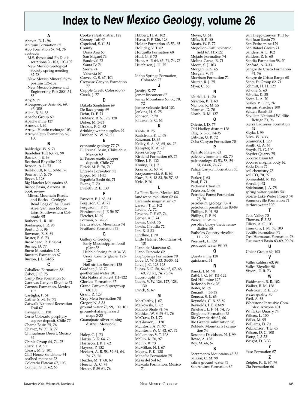 Index to New Mexico Geology, Volume 26