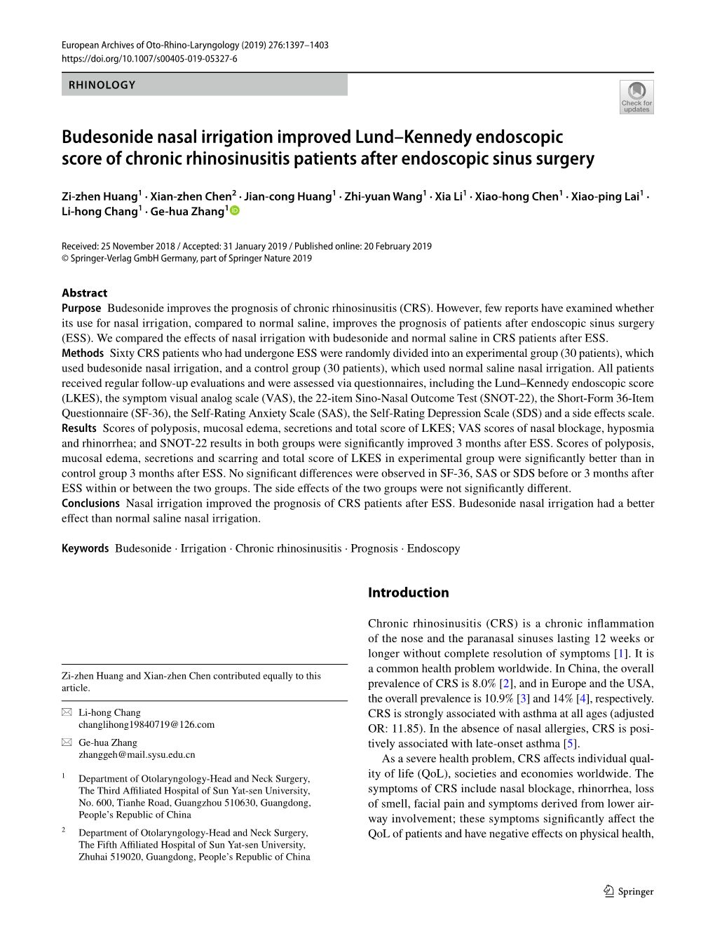 Budesonide Nasal Irrigation Improved Lund–Kennedy Endoscopic Score of Chronic Rhinosinusitis Patients After Endoscopic Sinus Surgery