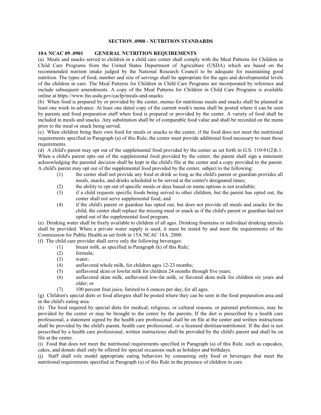 10A Ncac 09 .0901 General Nutrition Requirements