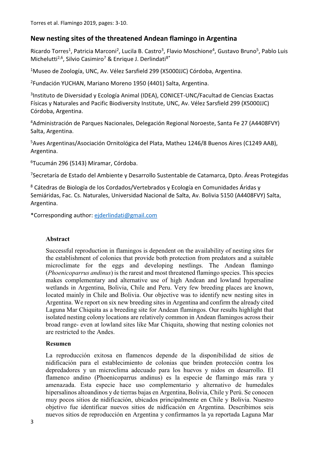 New Nesting Sites of the Threatened Andean Flamingo in Argentina Ricardo Torres1, Patricia Marconi2, Lucila B