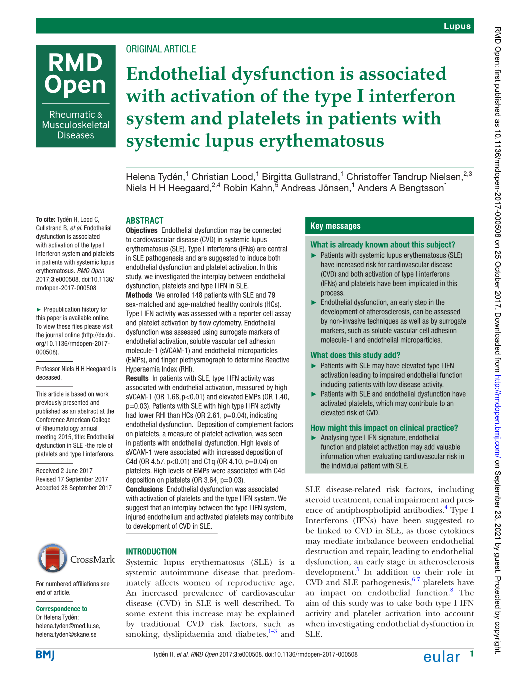 Endothelial Dysfunction Is Associated with Activation of the Type I Interferon System and Platelets in Patients with Systemic Lupus Erythematosus