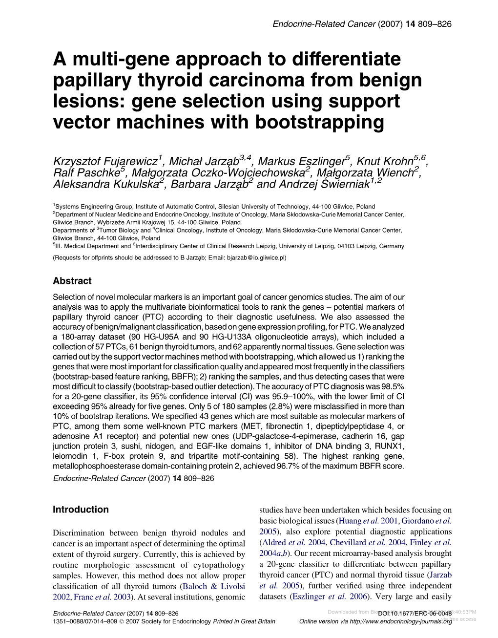 A Multi-Gene Approach to Differentiate Papillary Thyroid Carcinoma from Benign Lesions: Gene Selection Using Support Vector Machines with Bootstrapping