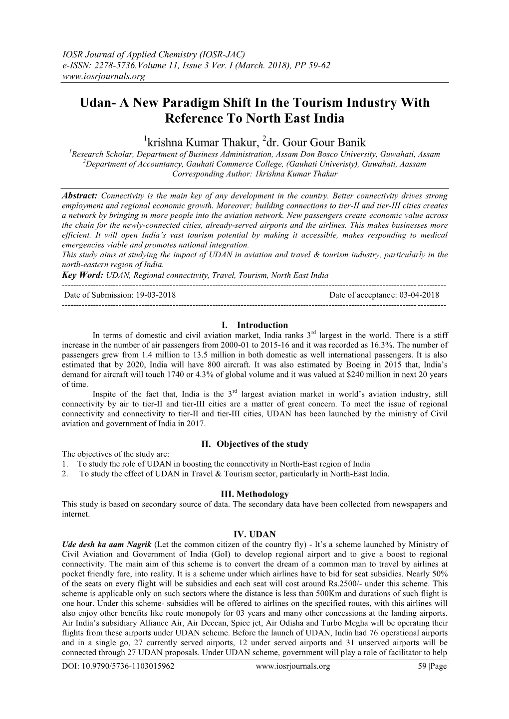 Udan- a New Paradigm Shift in the Tourism Industry with Reference to North East India