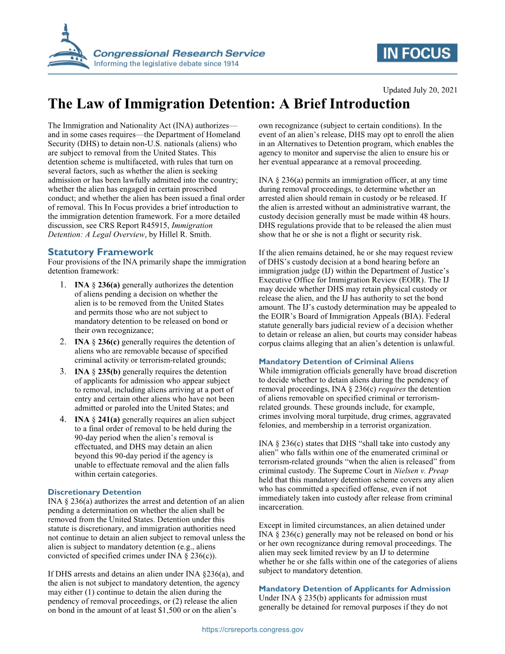 The Law of Immigration Detention: a Brief Introduction