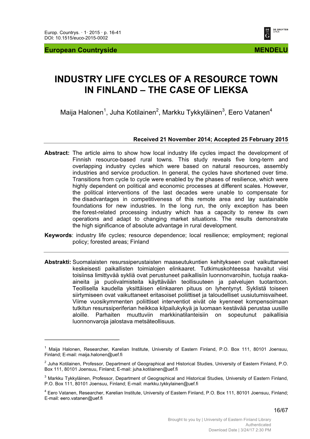 Industry Life Cycles of a Resource Town in Finland – the Case of Lieksa