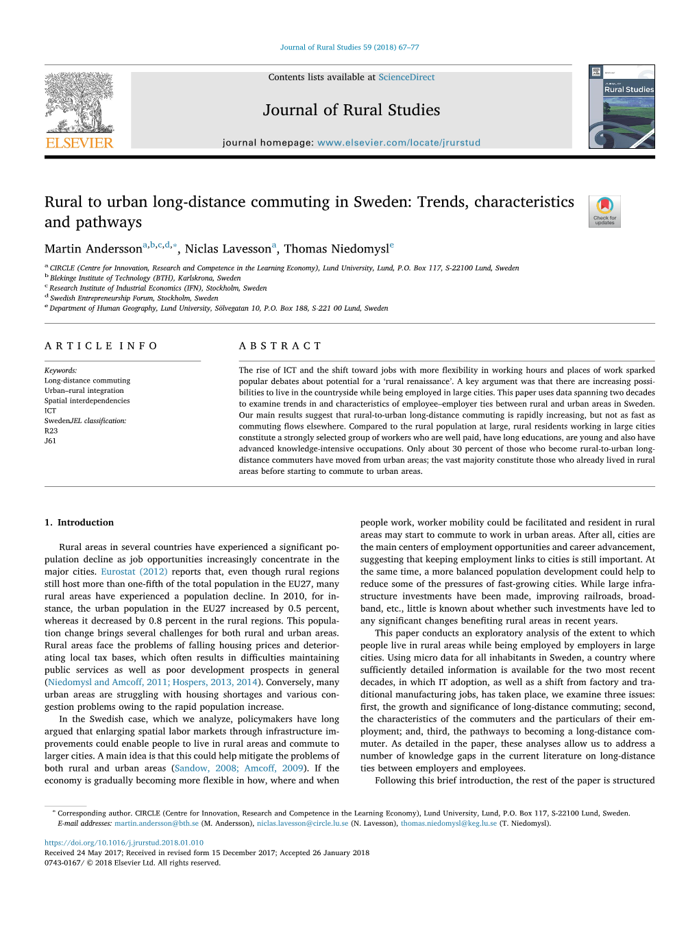 Rural to Urban Long-Distance Commuting in Sweden: Trends, Characteristics T and Pathways