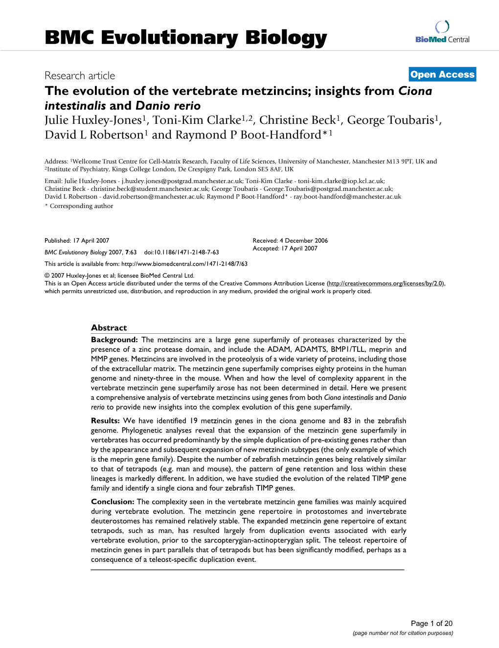 The Evolution of the Vertebrate Metzincins; Insights from Ciona Intestinalis and Danio Rerio