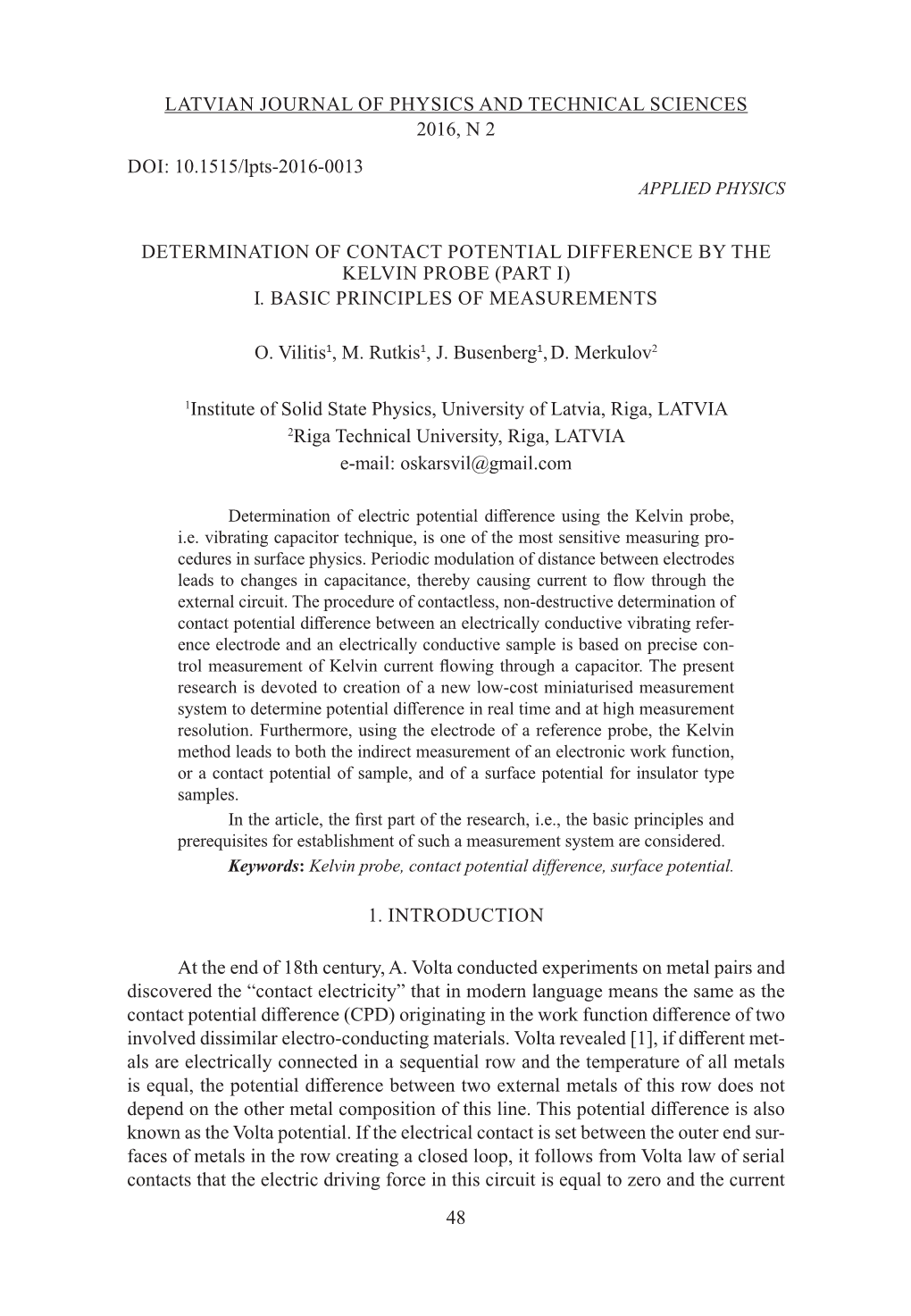 Determination of Contact Potential Difference by the Kelvin Probe (Part I) I