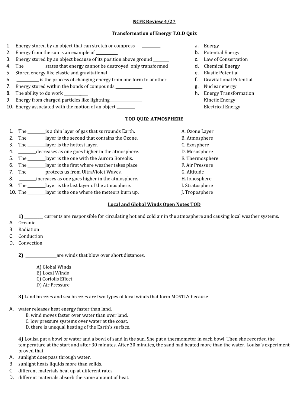 Transformation of Energy T.O.D Quiz