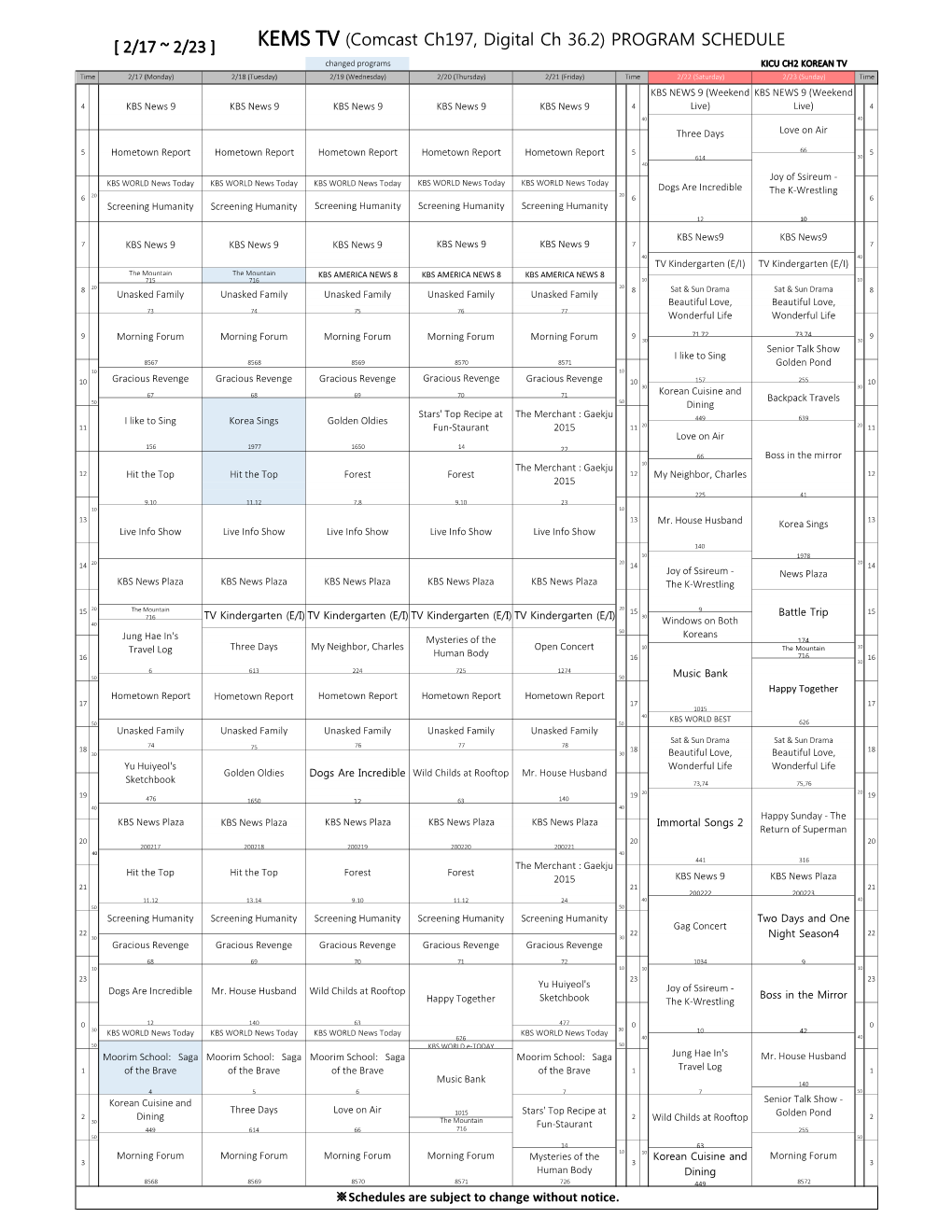 [ 2/17 ~ 2/23 ] KEMS TV (Comcast Ch197, Digital Ch 36.2) PROGRAM