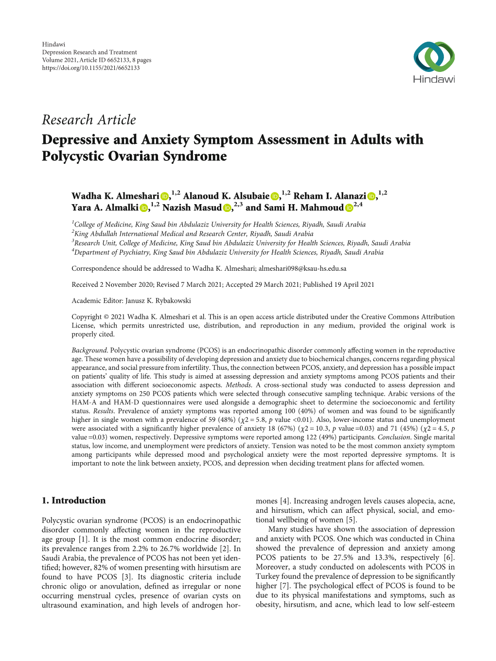 Depressive and Anxiety Symptom Assessment in Adults with Polycystic Ovarian Syndrome