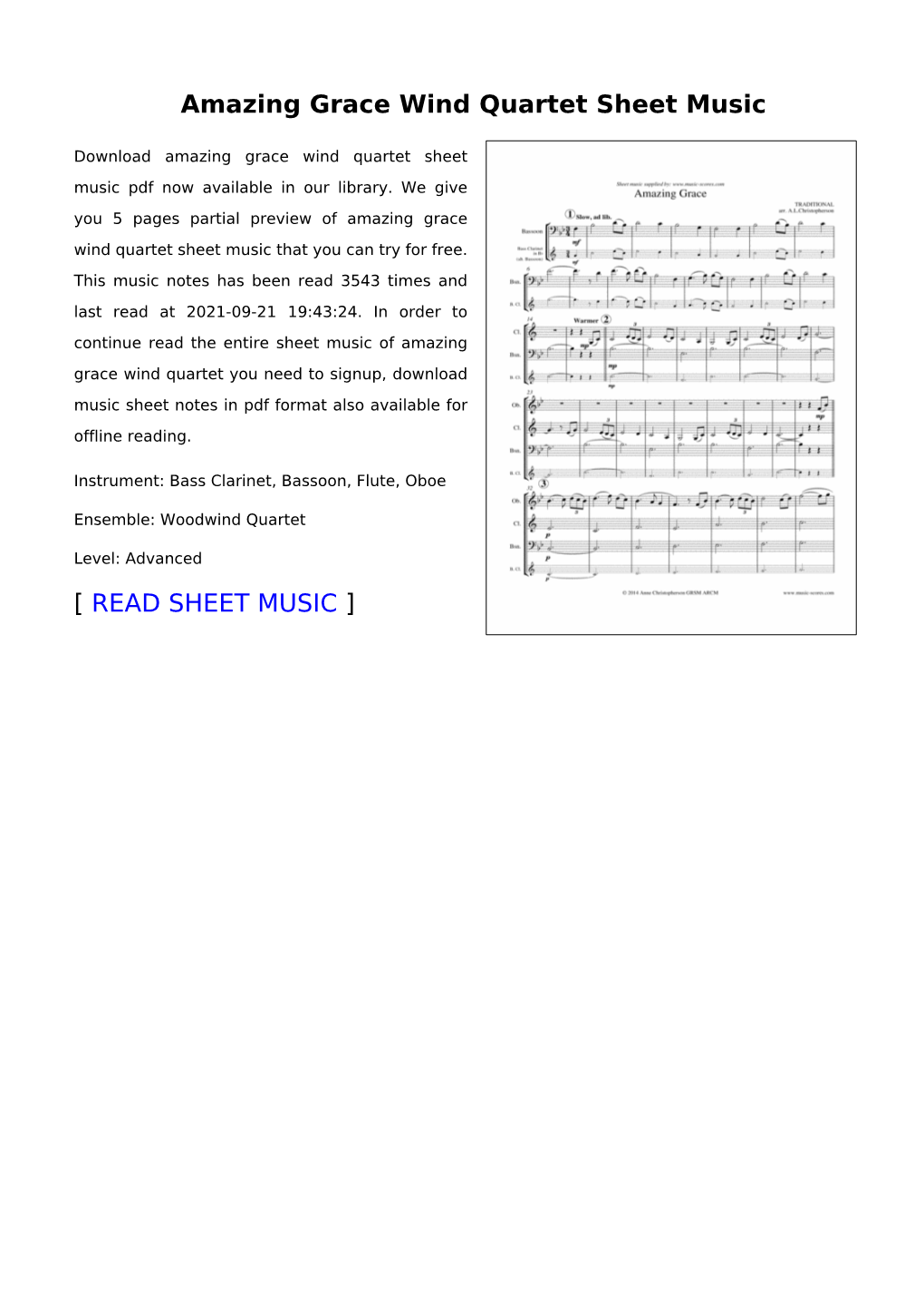 Amazing Grace Wind Quartet Sheet Music