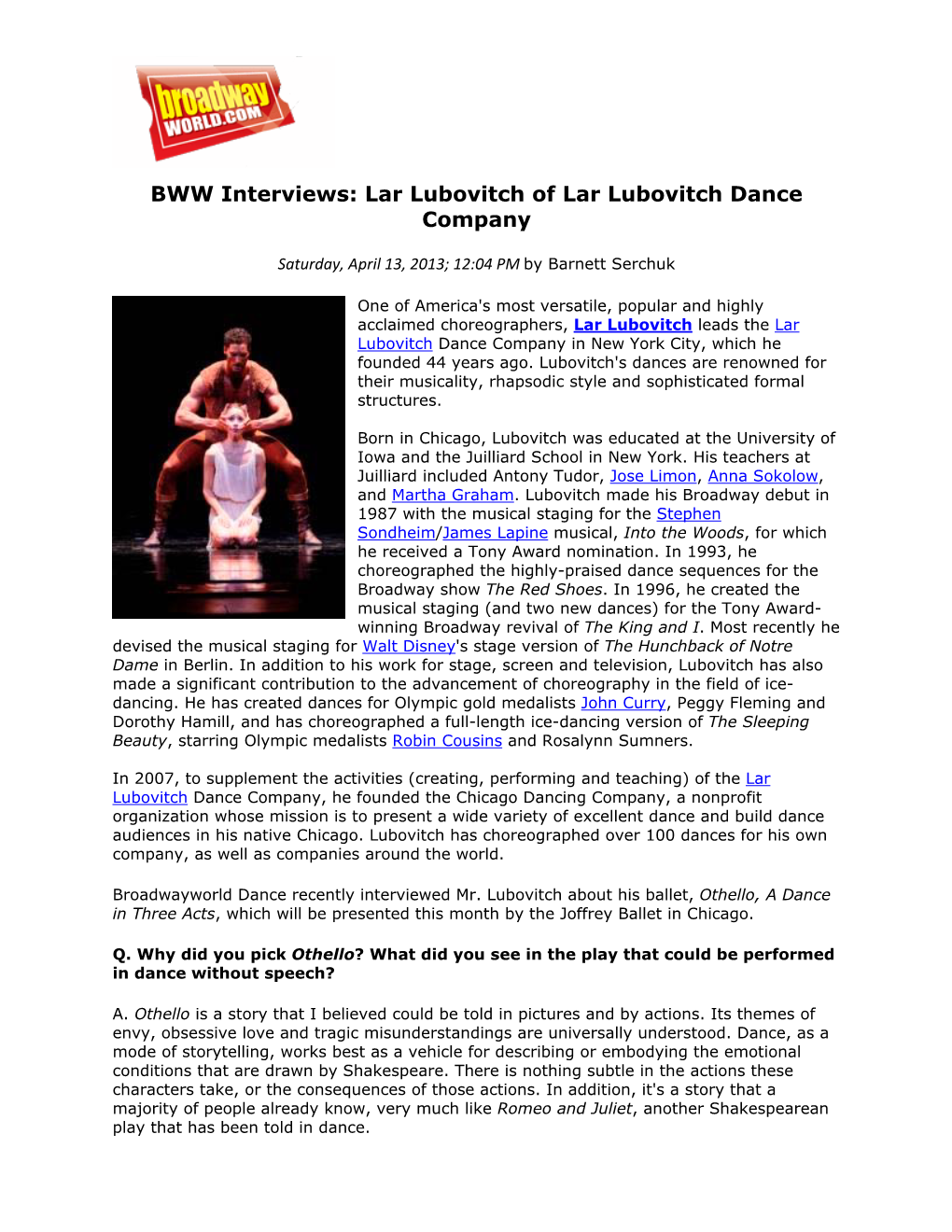 Broadwayworld Dance Recently Interviewed Mr