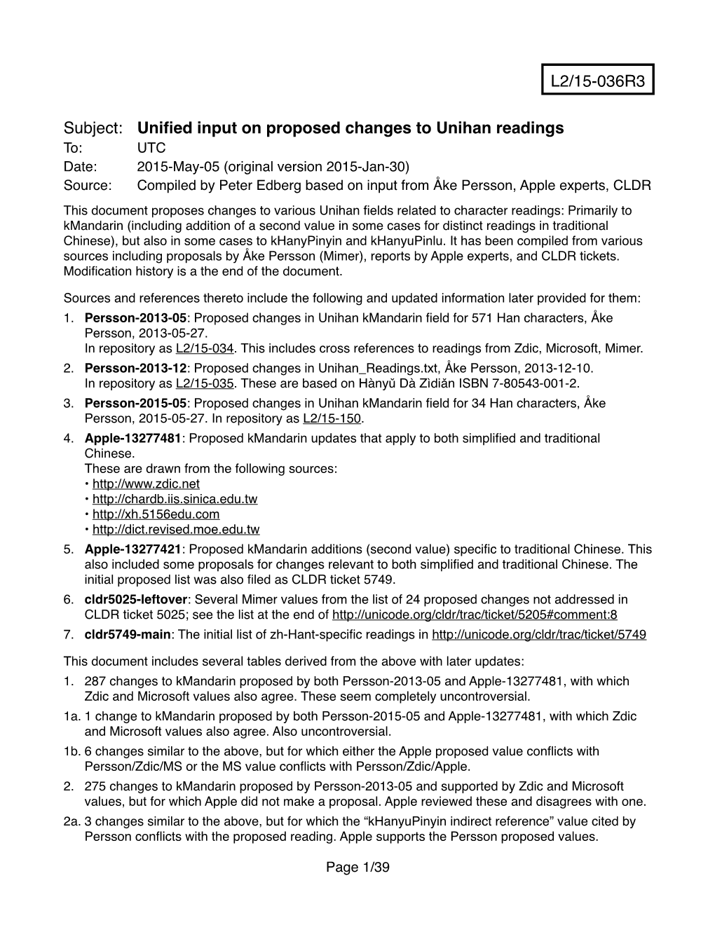 Unified Input on Proposed Changes to Unihan Readings L2/15