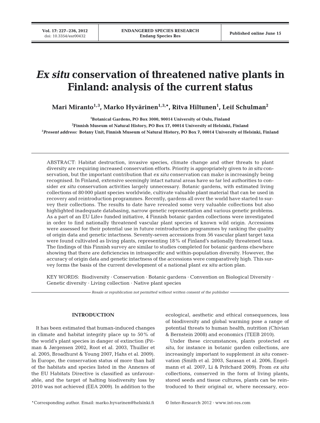 Ex Situ Conservation of Threatened Native Plants in Finland: Analysis of the Current Status