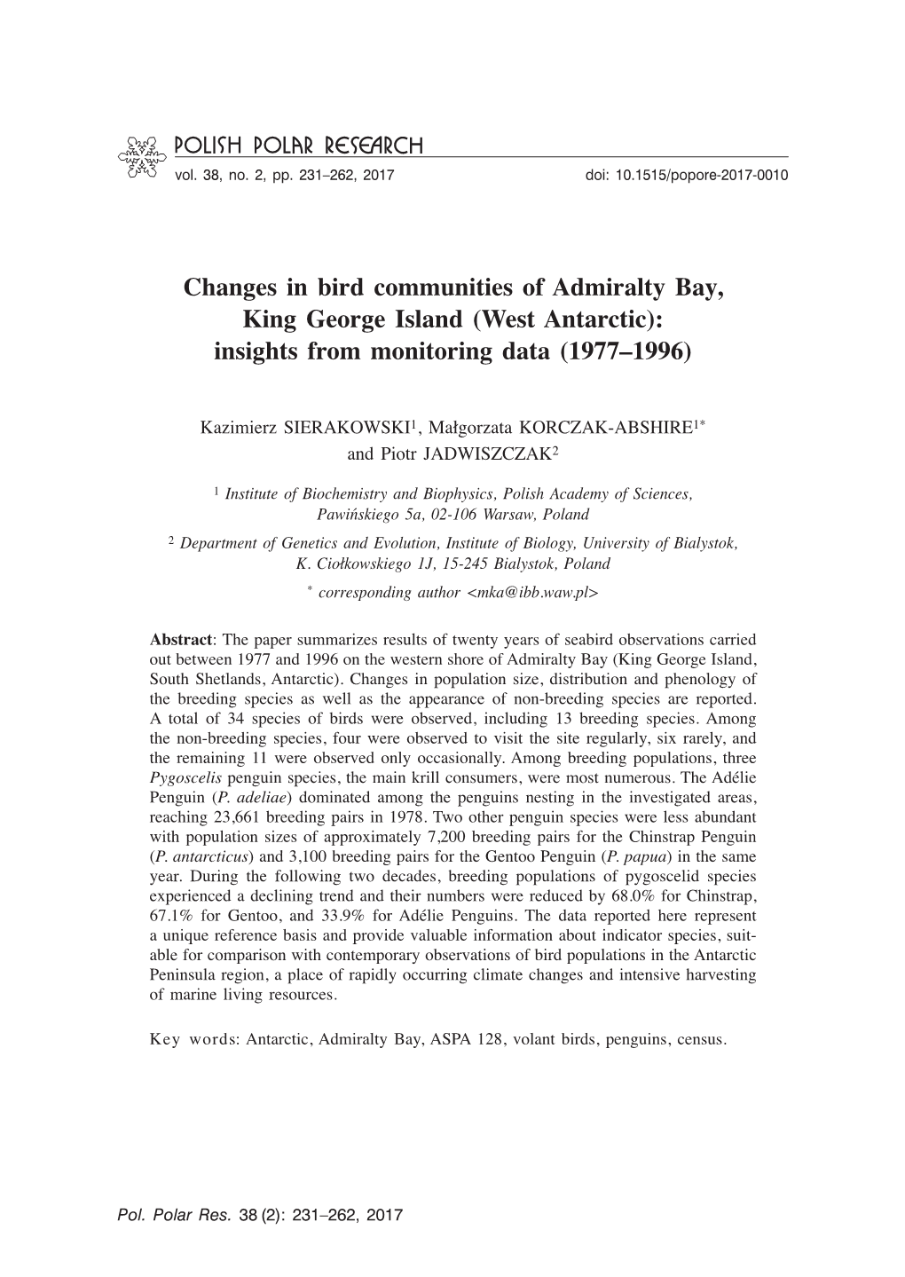 Changes in Bird Communities of Admiralty Bay, King George Island (West Antarctic): Insights from Monitoring Data (1977–1996)