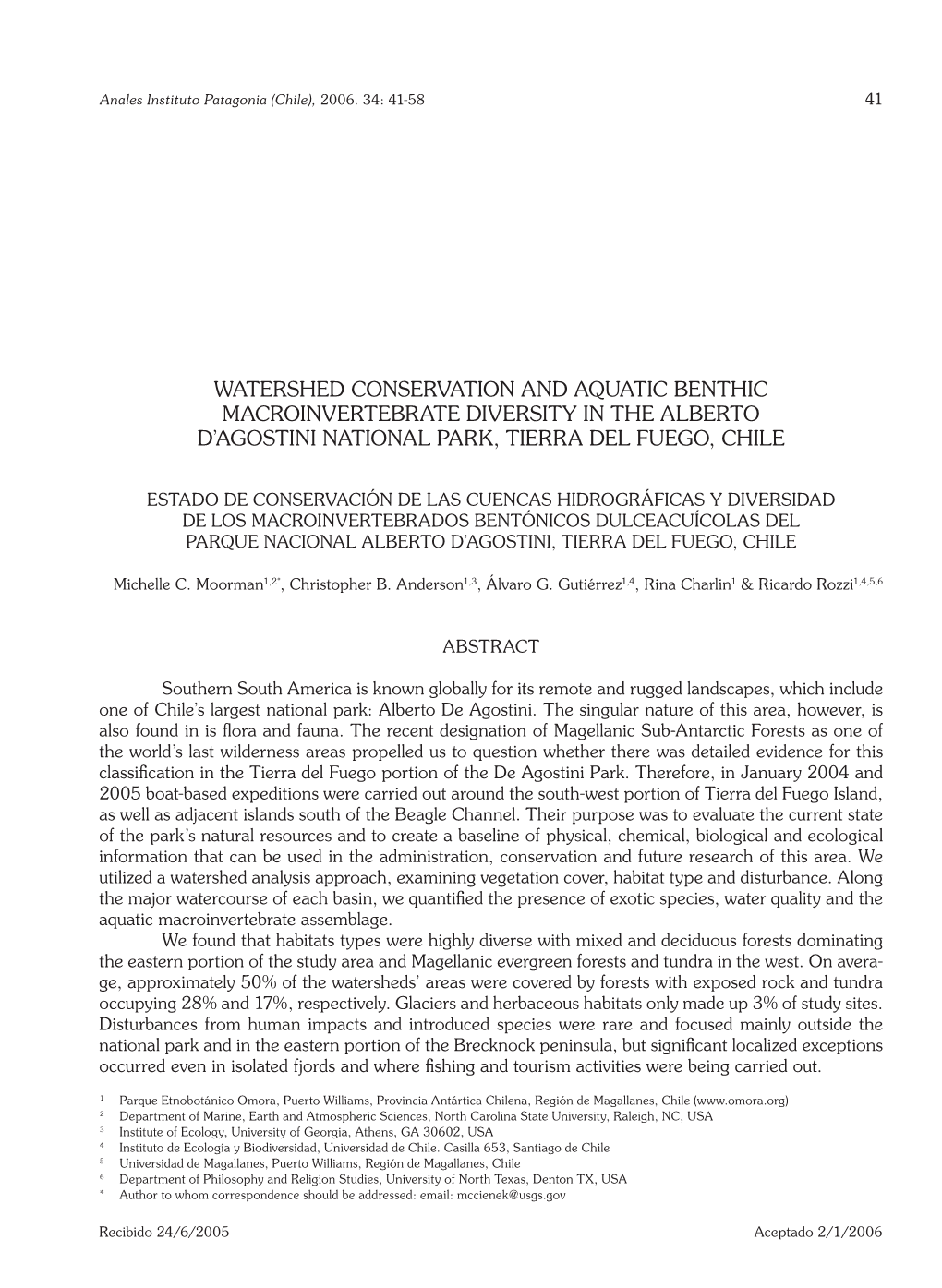 Watershed Conservation and Aquatic Benthic Macroinvertebrate Diversity in the Alberto D’Agostini National Park, Tierra Del Fuego, Chile