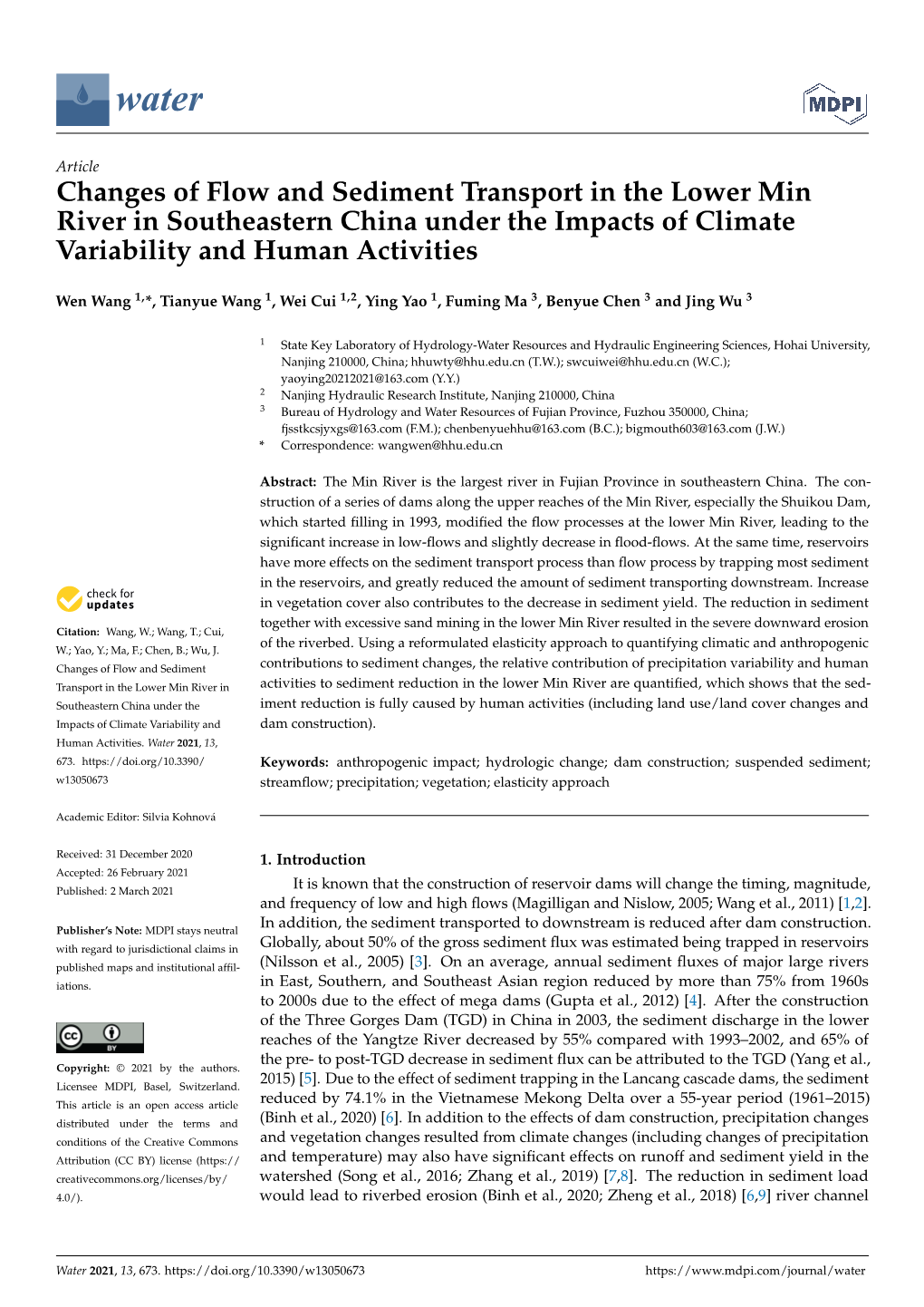 Changes of Flow and Sediment Transport in the Lower Min River in Southeastern China Under the Impacts of Climate Variability and Human Activities