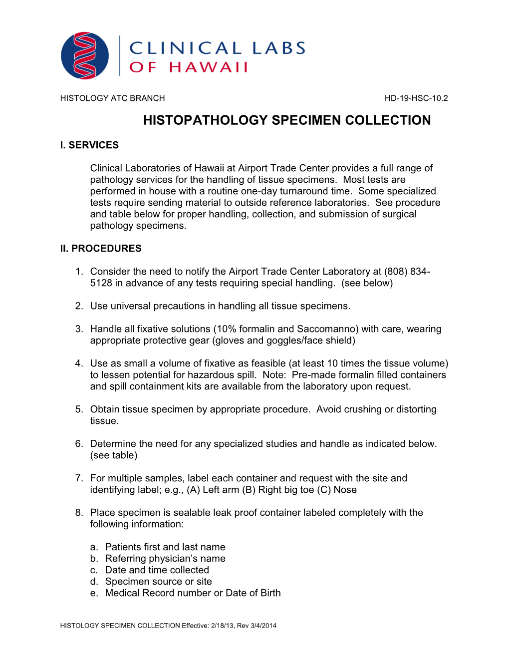 Histopathology Specimen Collection