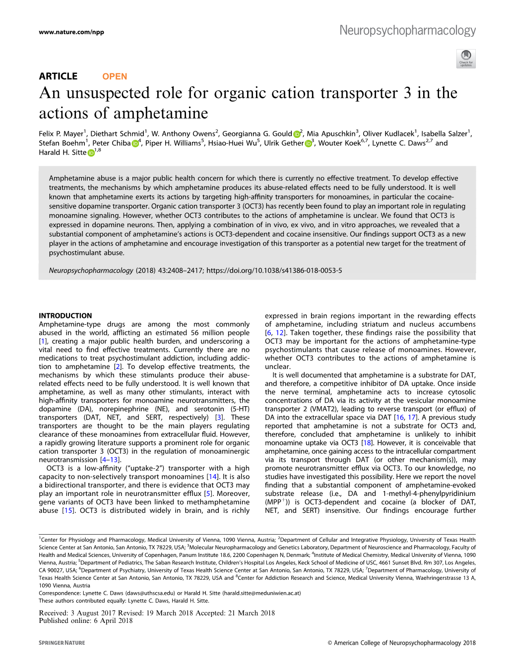 An Unsuspected Role for Organic Cation Transporter 3 in the Actions of Amphetamine