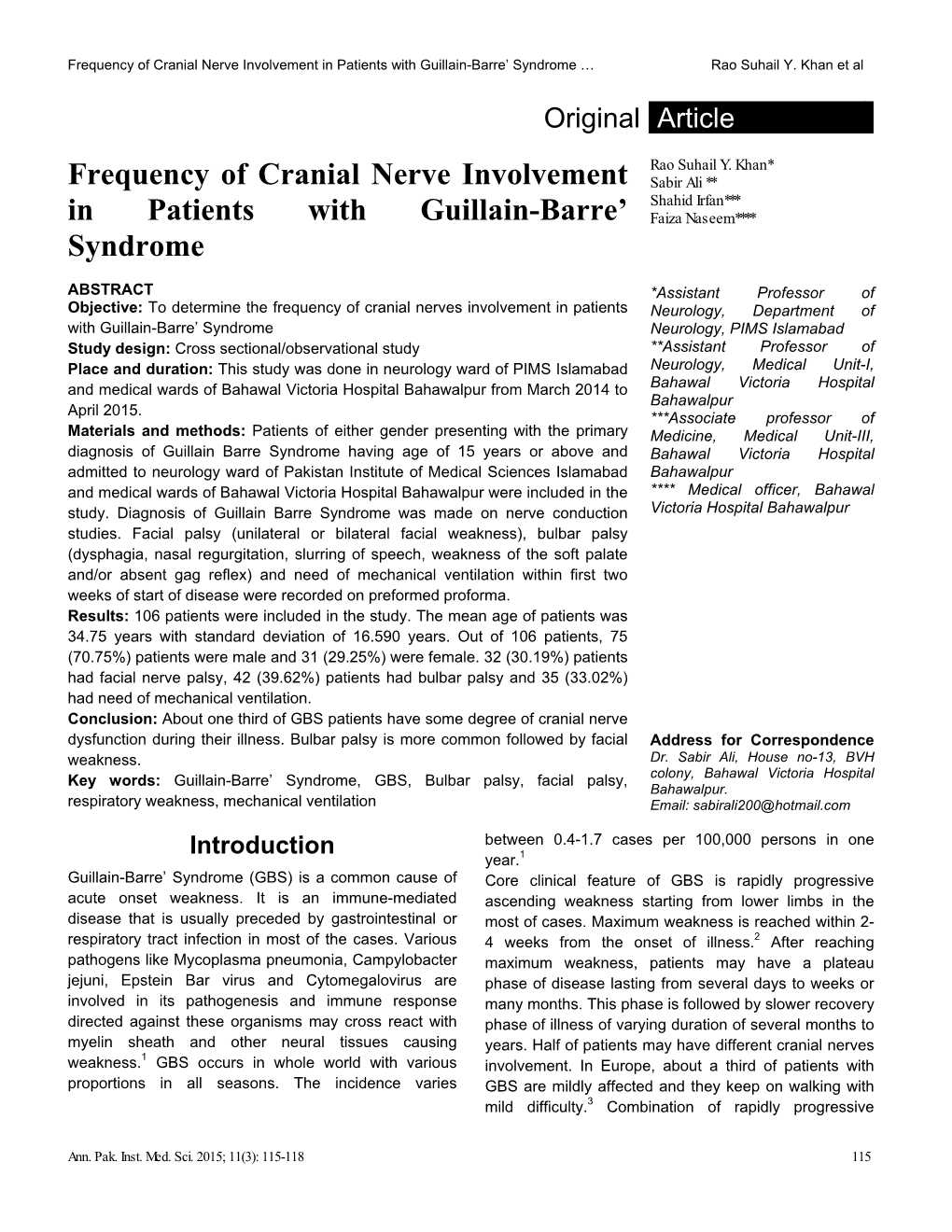 Frequency of Cranial Nerve Involvement in Patients with Guillain-Barre’ Syndrome … Rao Suhail Y