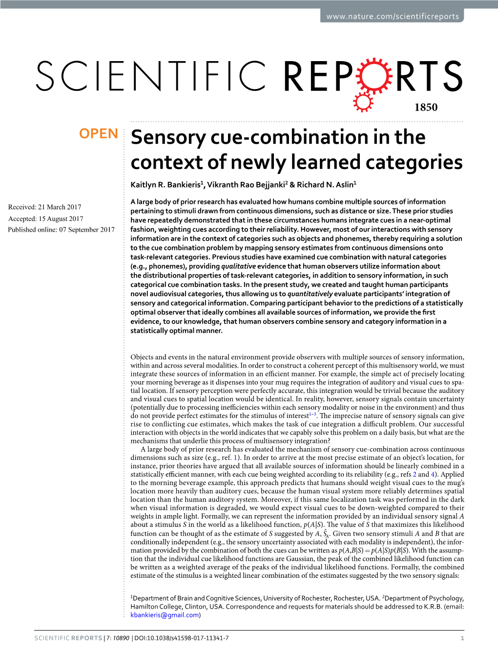 Sensory Cue-Combination in the Context of Newly Learned Categories Kaitlyn R