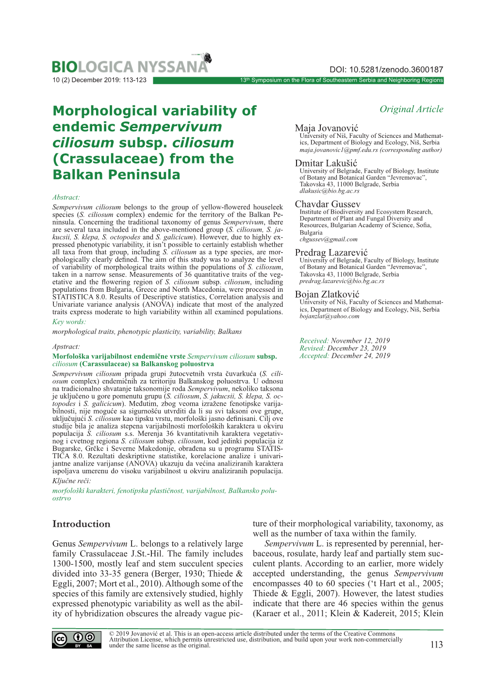 Jovanović Et Al., 2019, Biologica Nyssana 10(2)