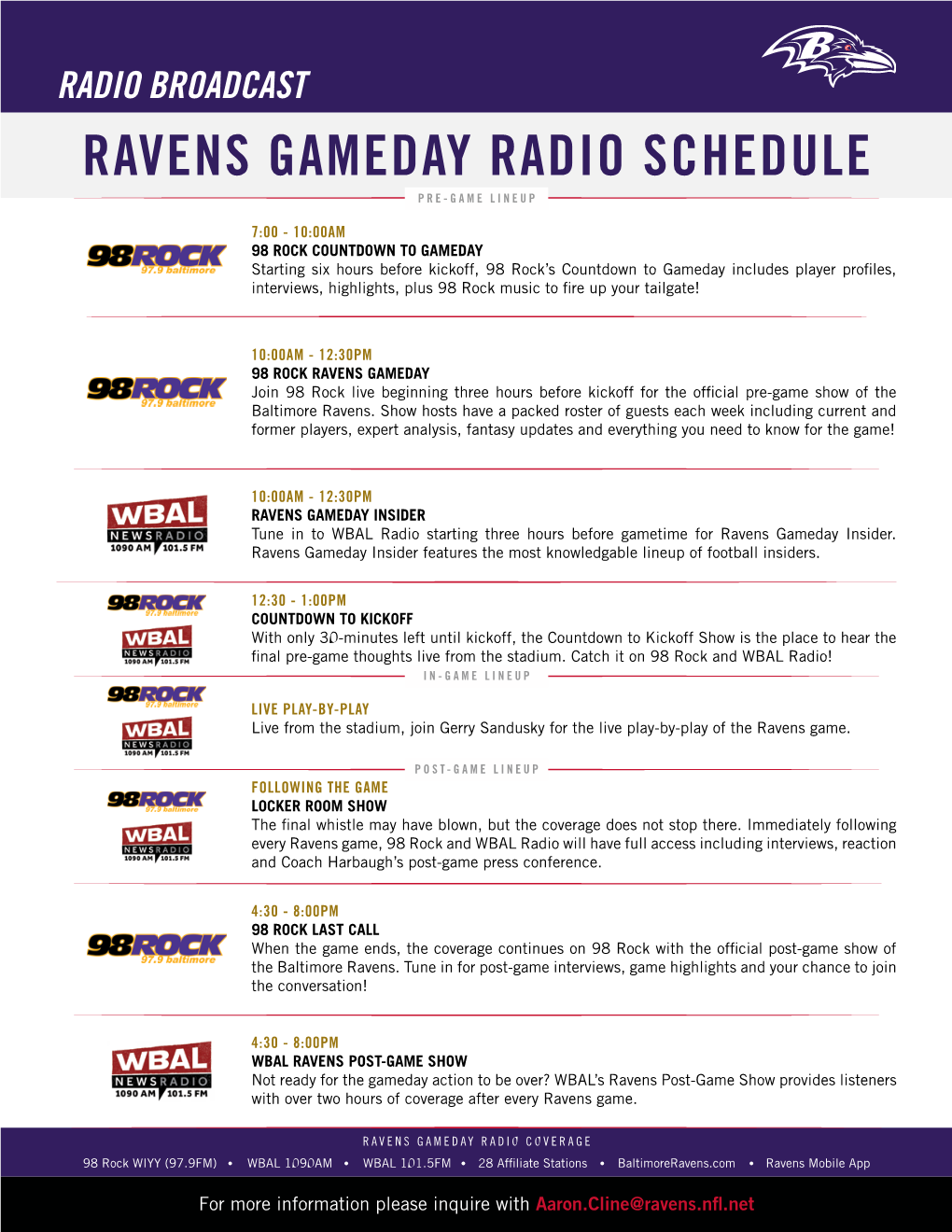 Ravens Gameday Radio Schedule Pre-Game Lineup