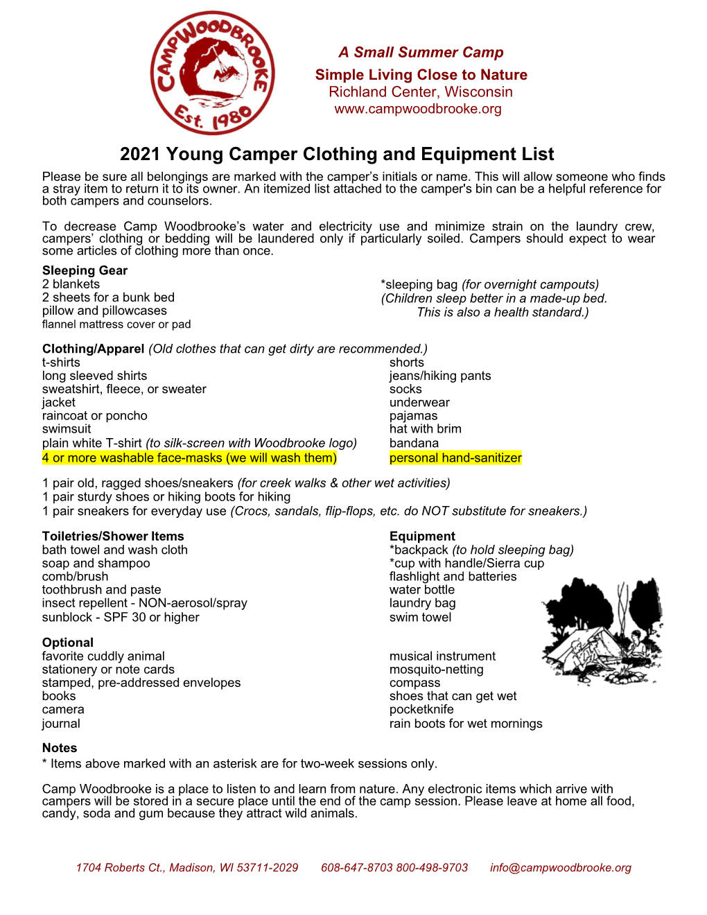 Young Camper Clothing/Equip List