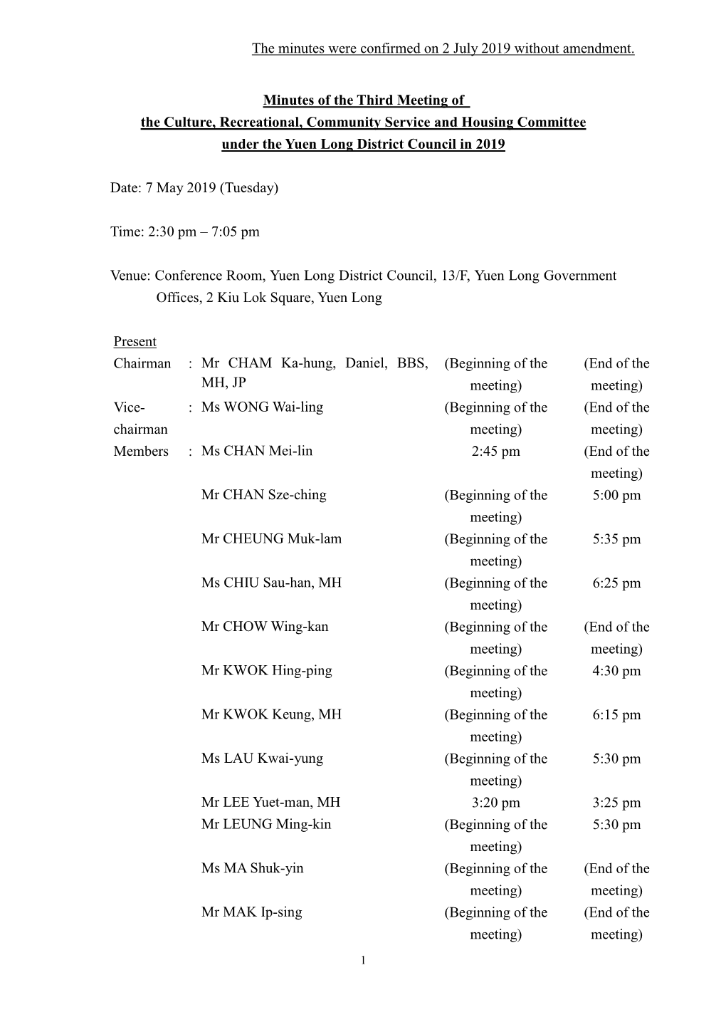 Minutes of the Third Meeting of the Culture, Recreational, Community Service and Housing Committee Under the Yuen Long District Council in 2019