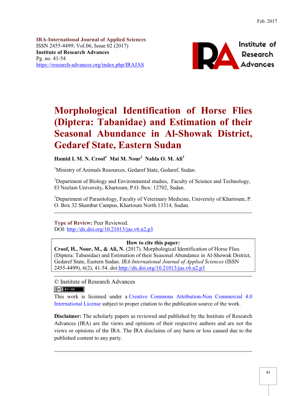 Morphological Identification of Horse Flies (Diptera: Tabanidae) and Estimation of Their Seasonal Abundance in Al-Showak District, Gedaref State, Eastern Sudan