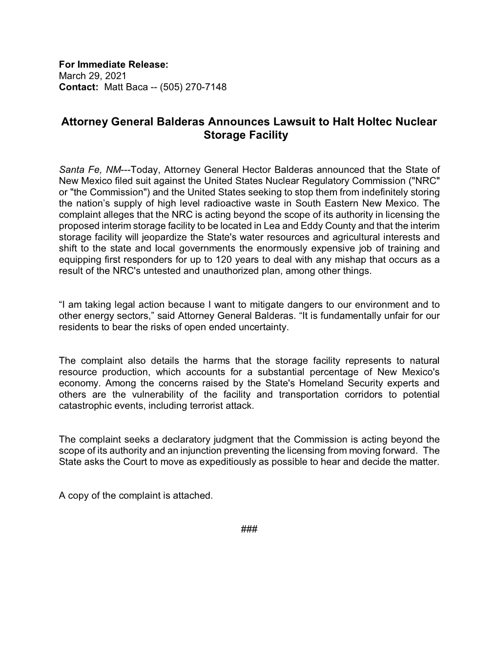 Attorney General Balderas Announces Lawsuit to Halt Holtec Nuclear Storage Facility