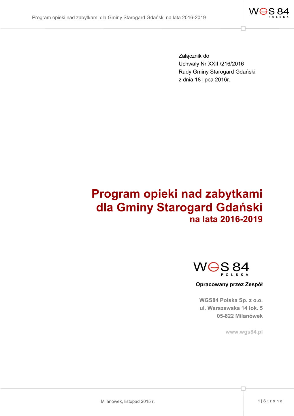 Program Opieki Nad Zabytkami Dla Gminy Starogard Gdański Na Lata 2016-2019