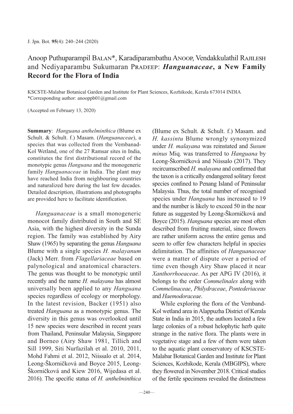 Hanguanaceae, a New Family Record for the Flora of India