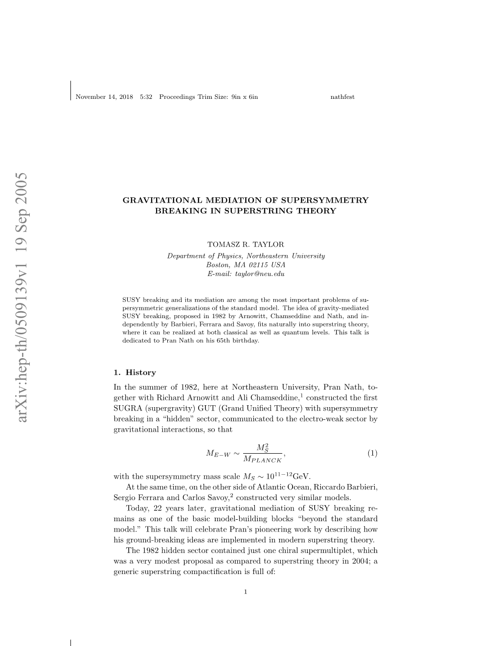 Gravitational Mediation of Supersymmetry Breaking in Superstring Theory