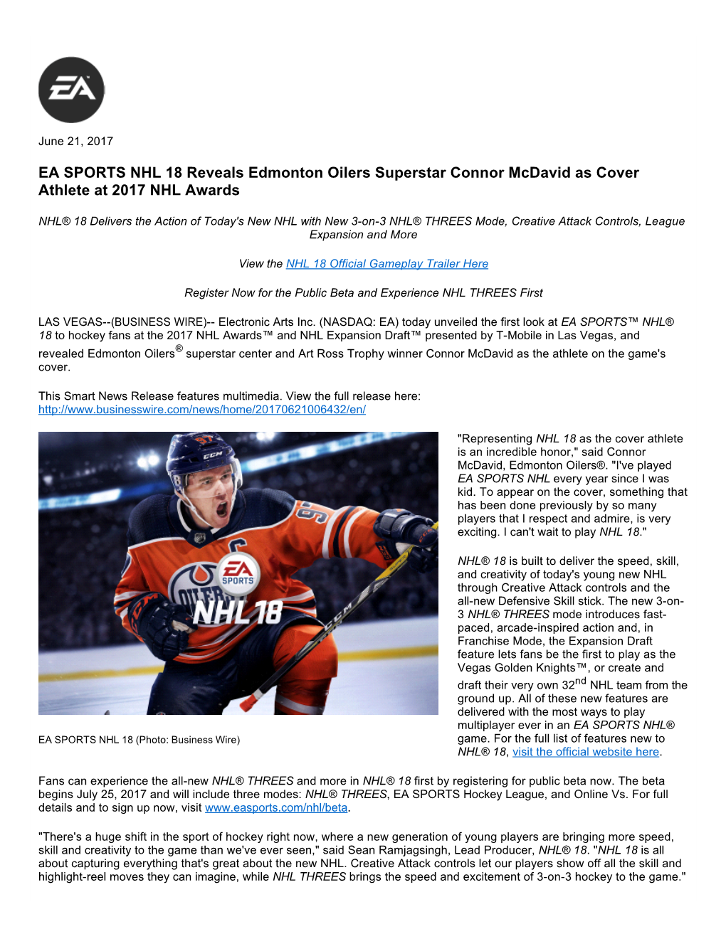 EA SPORTS NHL 18 Reveals Edmonton Oilers Superstar Connor Mcdavid As Cover Athlete at 2017 NHL Awards