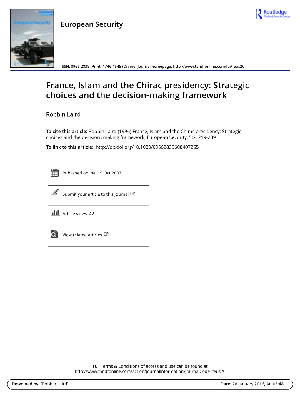 France, Islam and the Chirac Presidency: Strategic Choices and the Decision‐Making Framework