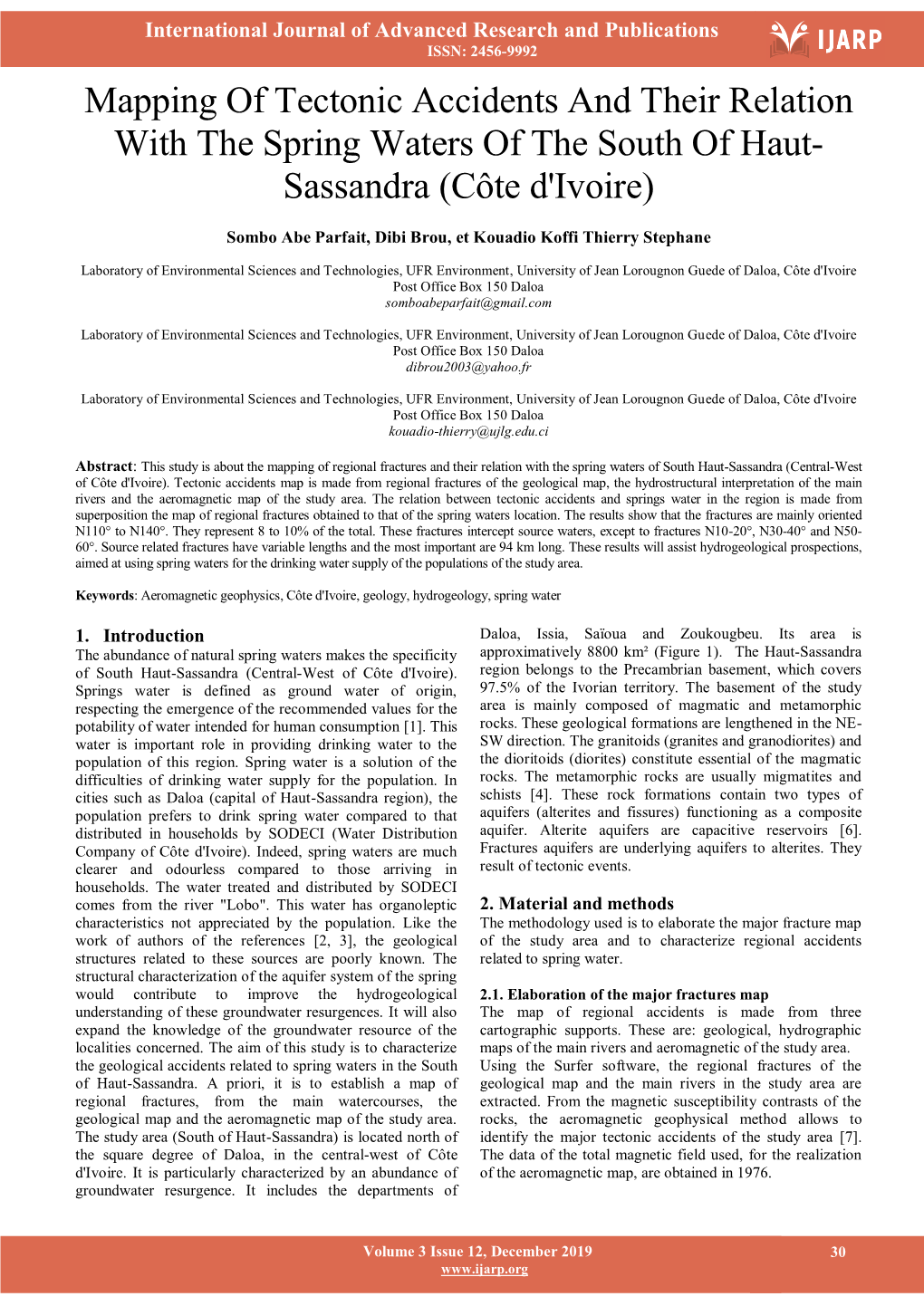 Mapping of Tectonic Accidents and Their Relation with the Spring Waters of the South of Haut- Sassandra (Côte D'ivoire)