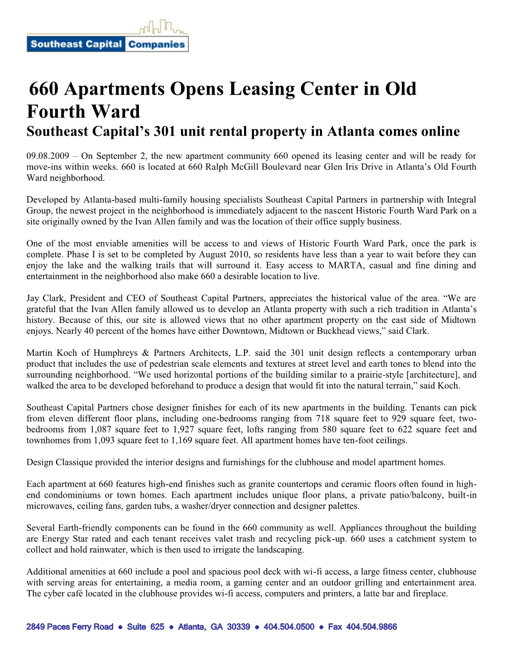 660 Apartments Opens Leasing Center in Old Fourth Ward Southeast Capital’S 301 Unit Rental Property in Atlanta Comes Online