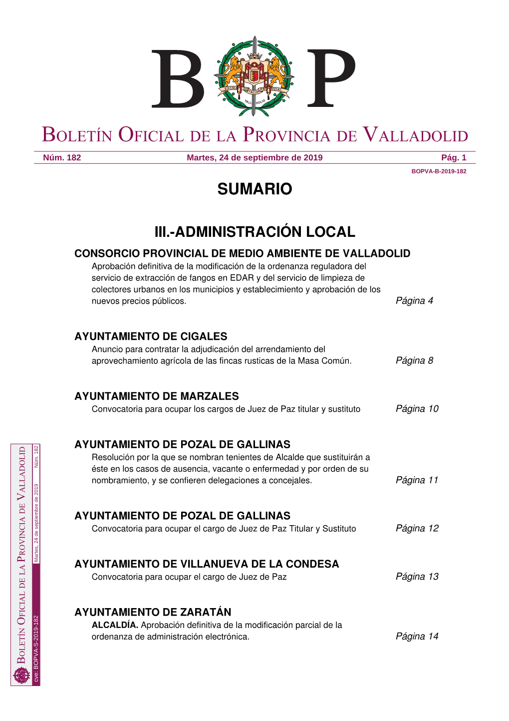 Sumario Boletín Oficial De La Provincia De Valladolid