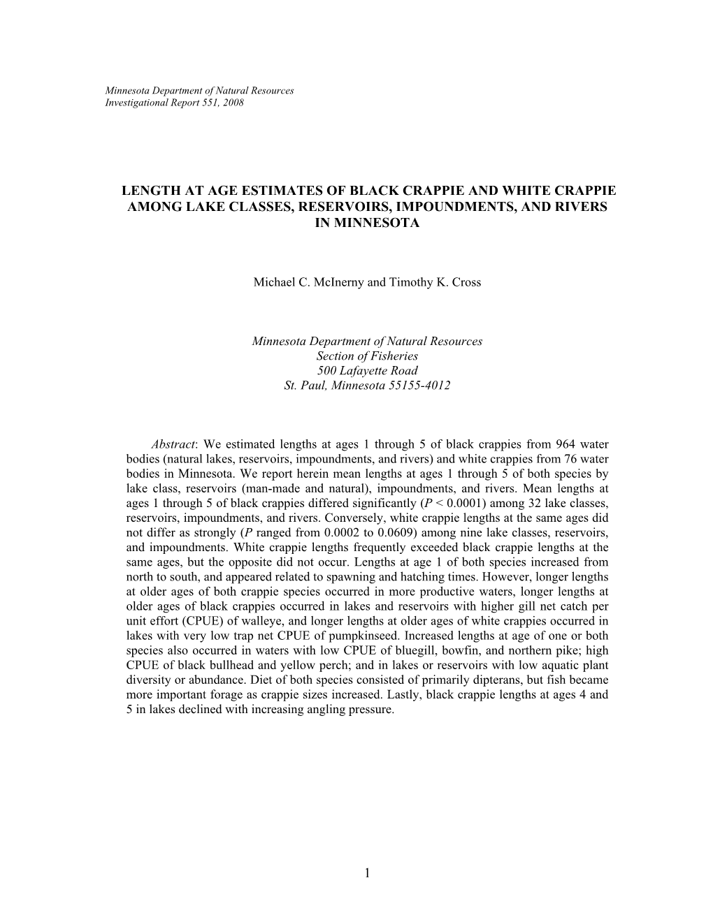 Length at Age Estimates of Black Crappie and White Crappie Among Lake Classes, Reservoirs, Impoundments, and Rivers in Minnesota