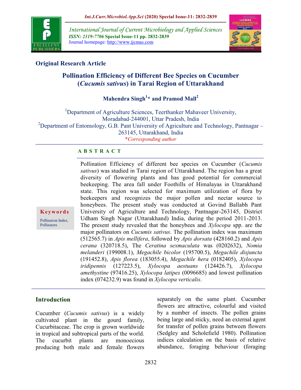 Pollination Efficiency of Different Bee Species on Cucumber (Cucumis Sativus) in Tarai Region of Uttarakhand