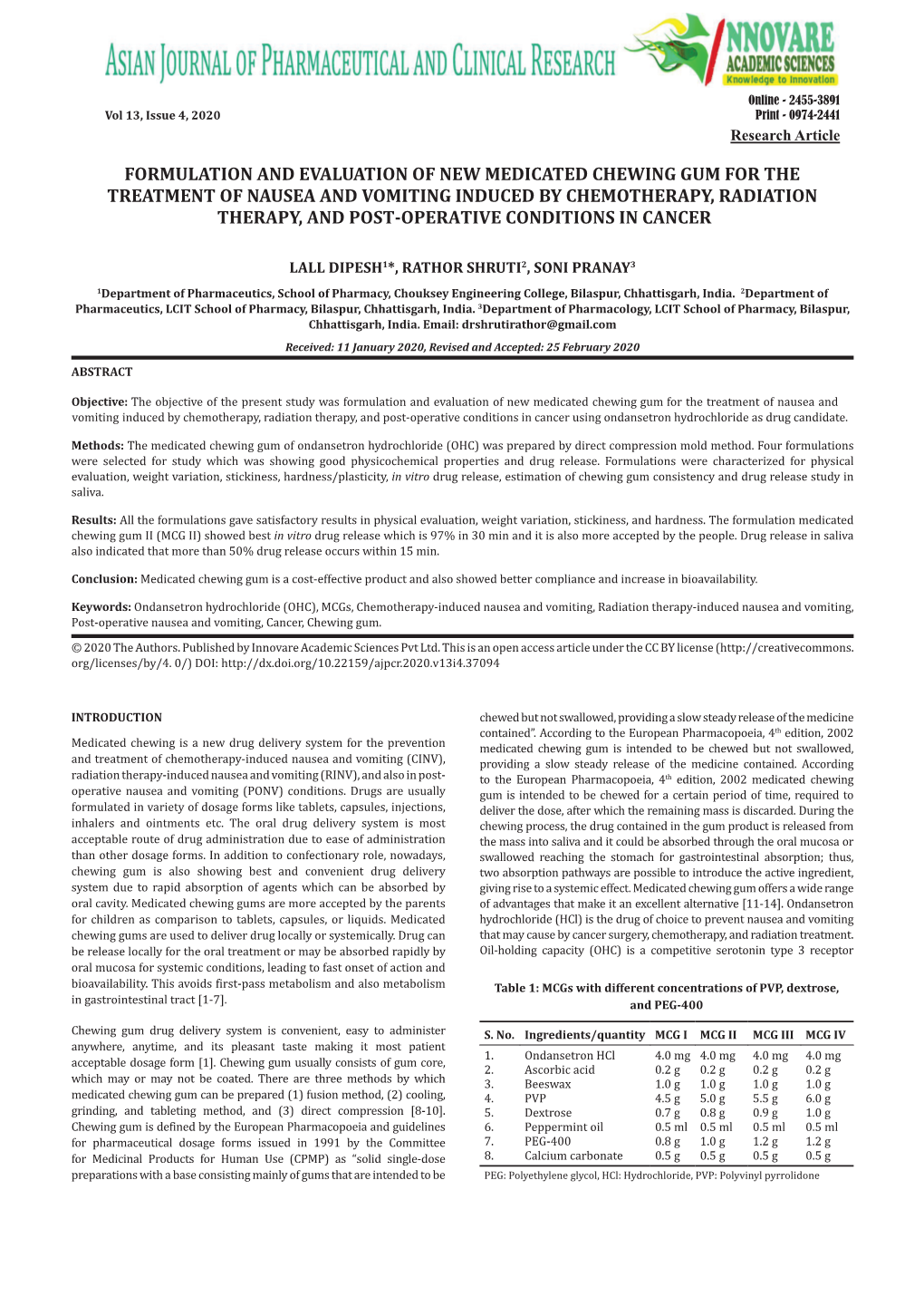 Formulation and Evaluation of New Medicated Chewing