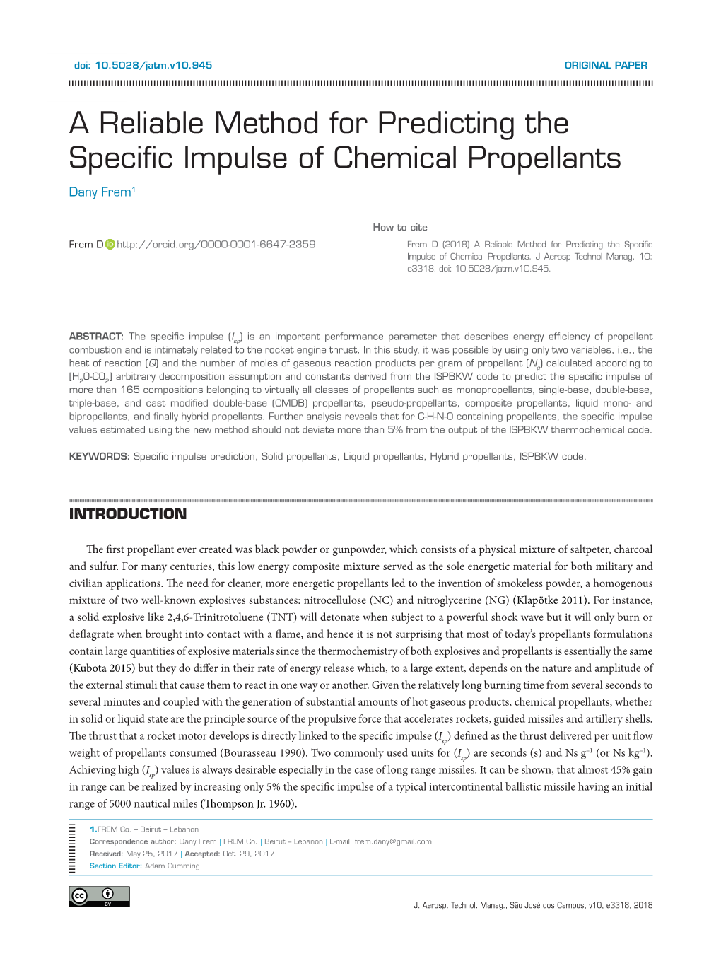 A Reliable Method for Predicting the Specific Impulse of Chemical Propellants Dany Frem1