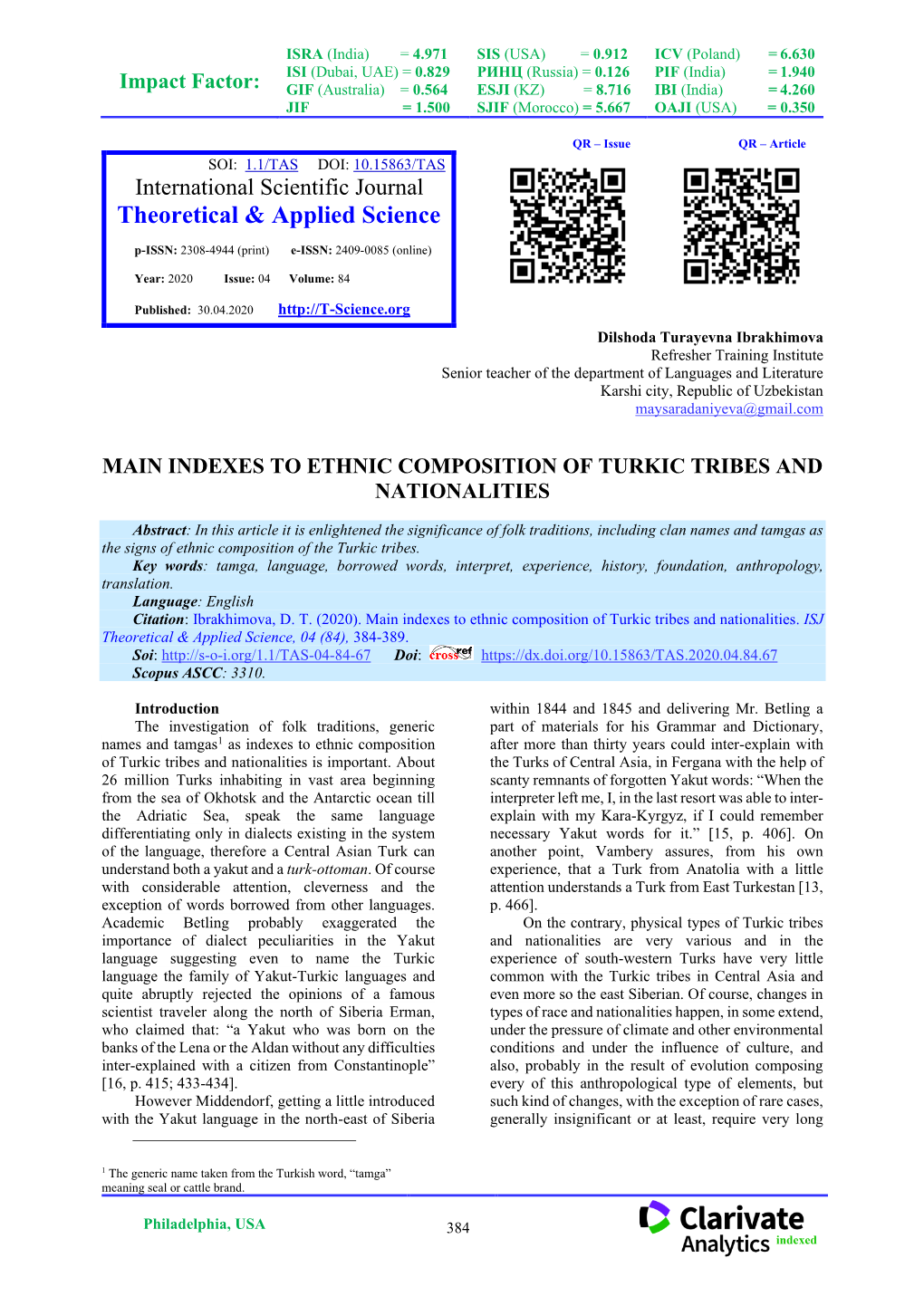 Main Indexes to Ethnic Composition of Turkic Tribes and Nationalities. ISJ Theoretical & Applied Science, 04 (84), 384-389