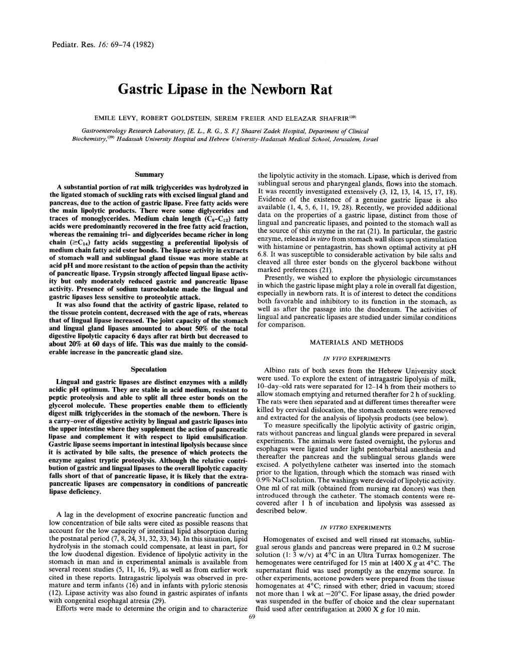 Gastric Lipase in the Newborn Rat