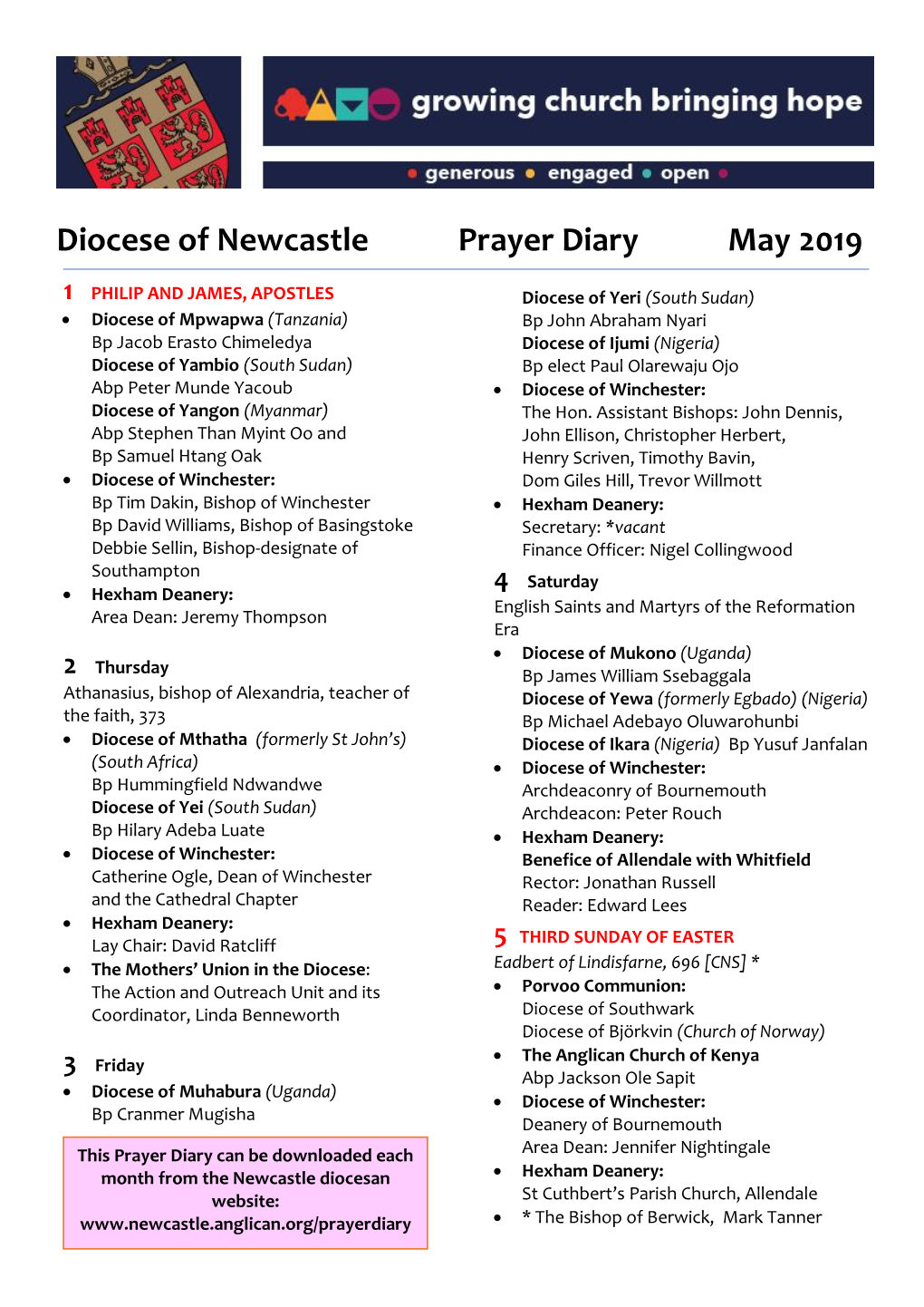 Diocese of Newcastle Prayer Diary May 2019