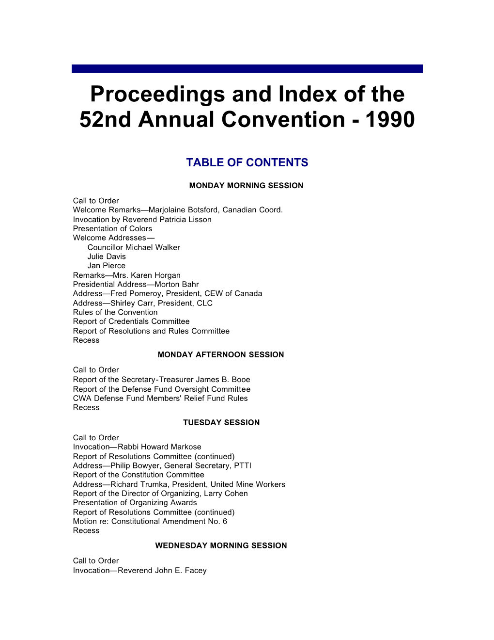 Proceedings and Index of the 52Nd Annual Convention - 1990